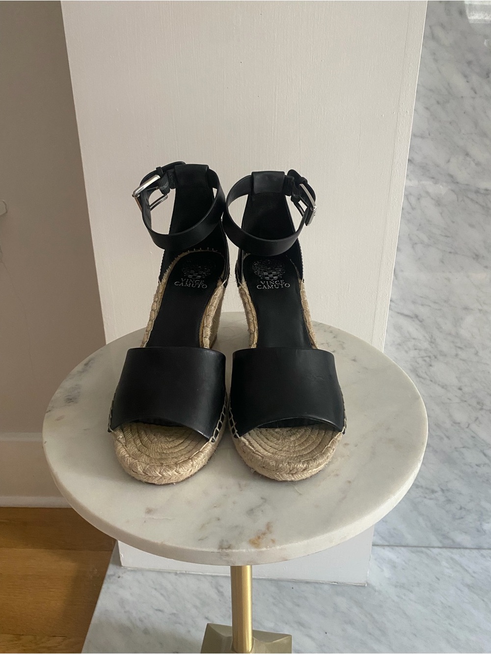 Vince Camuto Black Leather Espadrille Wedge Sandals with Ankle Strap